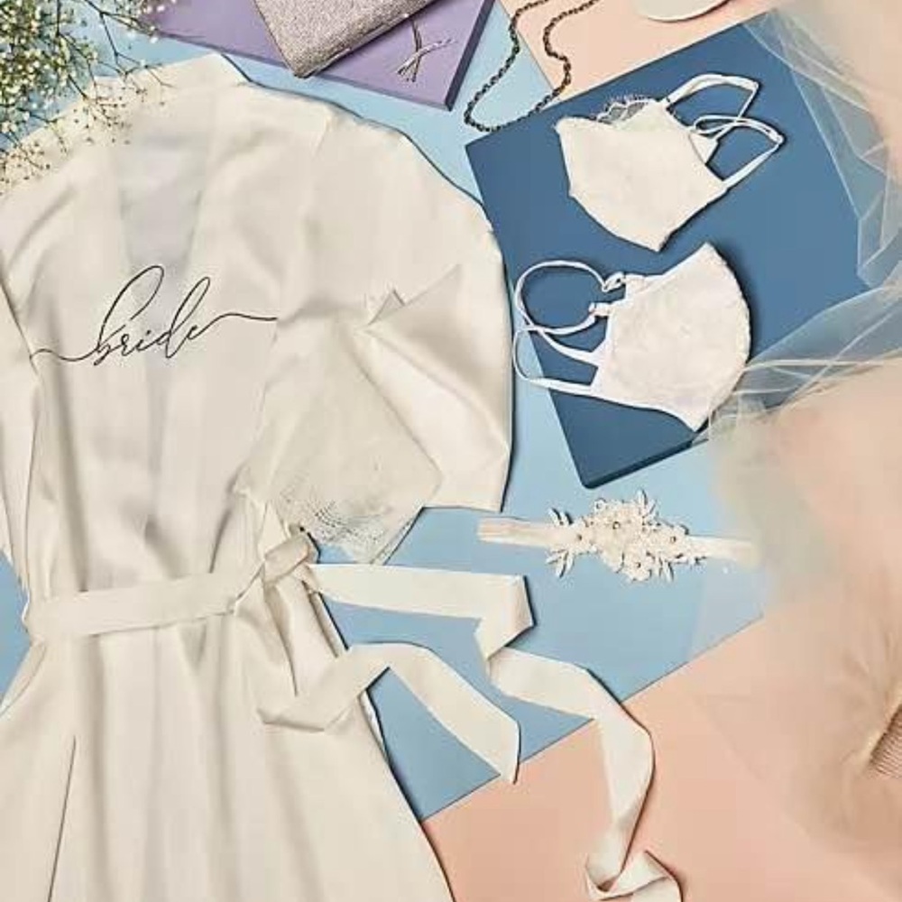 metallic script bride satin robe - David’s Bridal